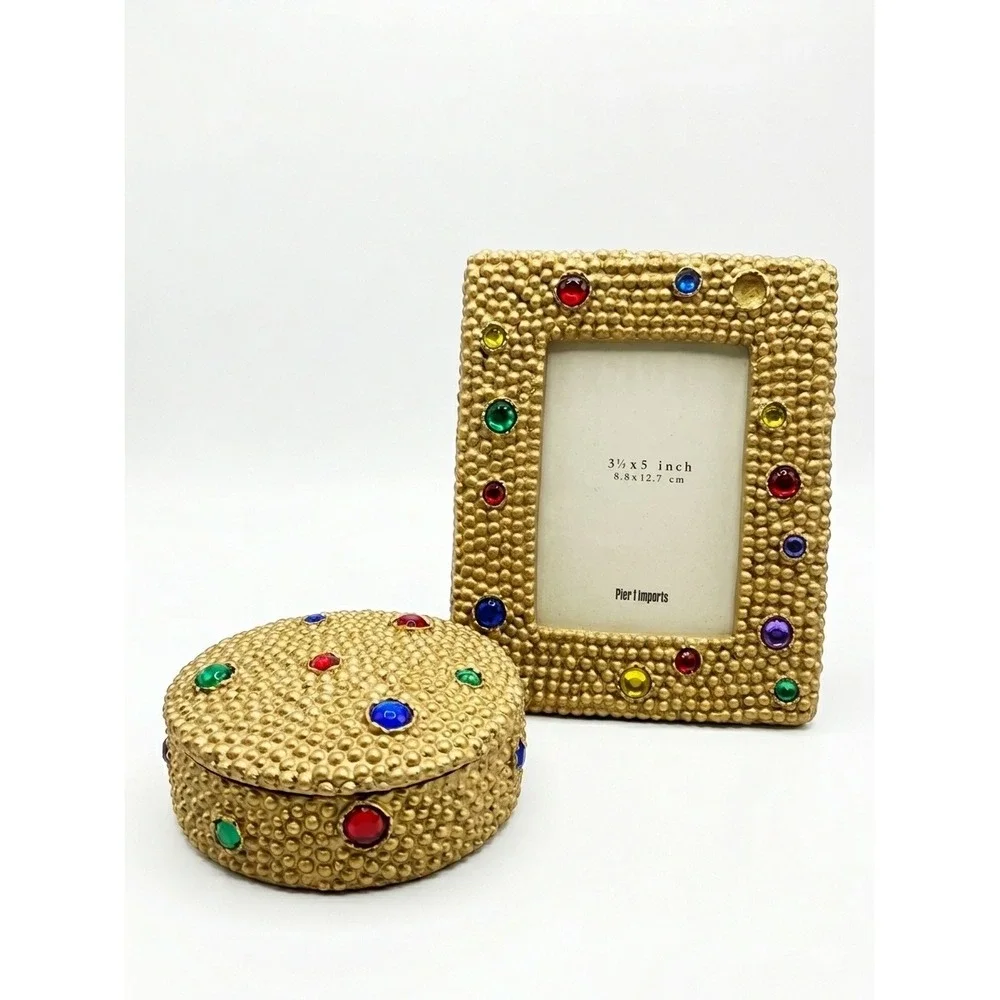 Pier 1 Gold Beaded Jeweled 3.5x5 Photo Frame and Matching Trinket Box Set